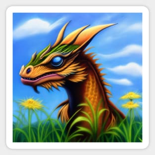 Juvenile Golden Chinese Dragon Rearing up out of the Flowers Sticker